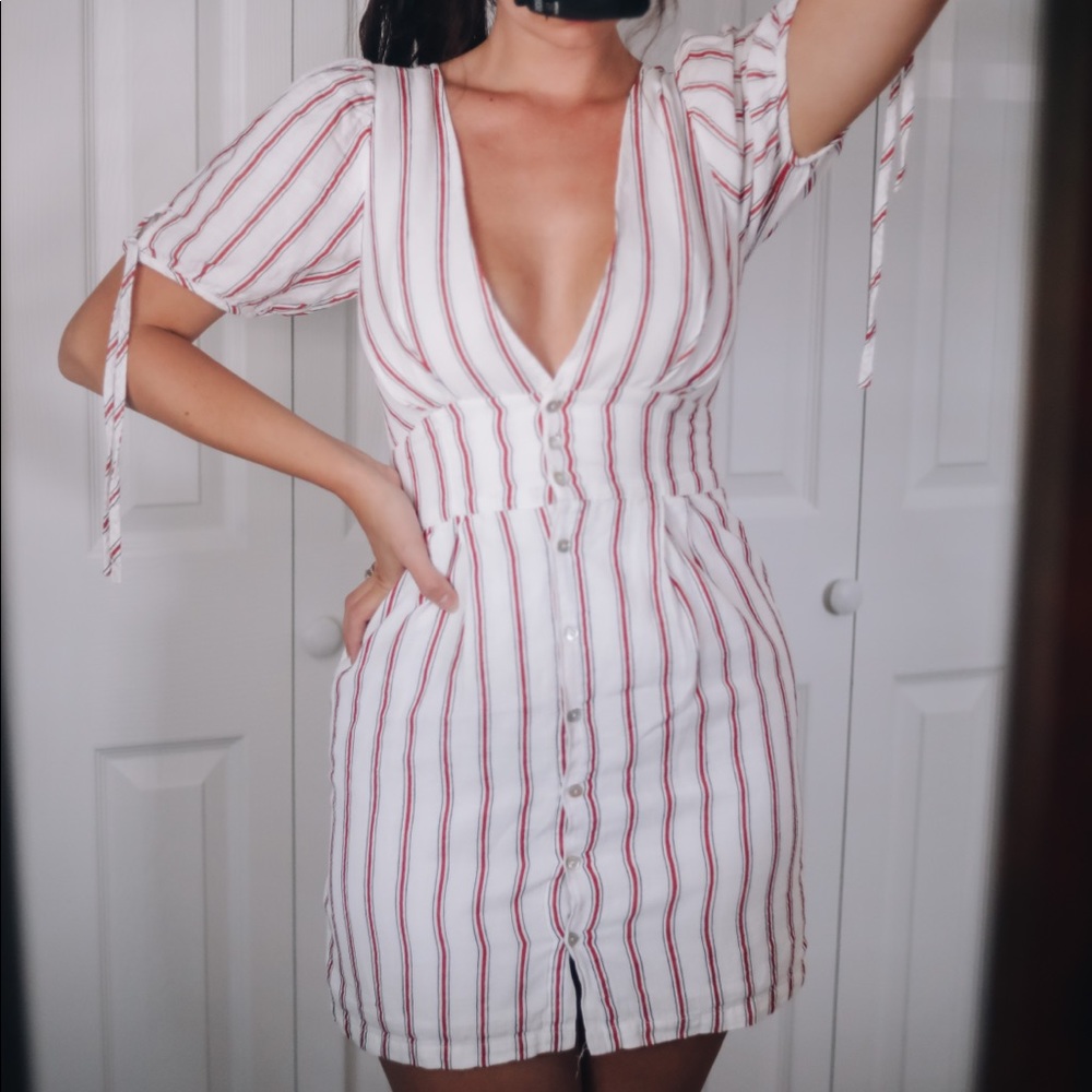 Red and white striped Dress with tie sleeves dropped neckline
